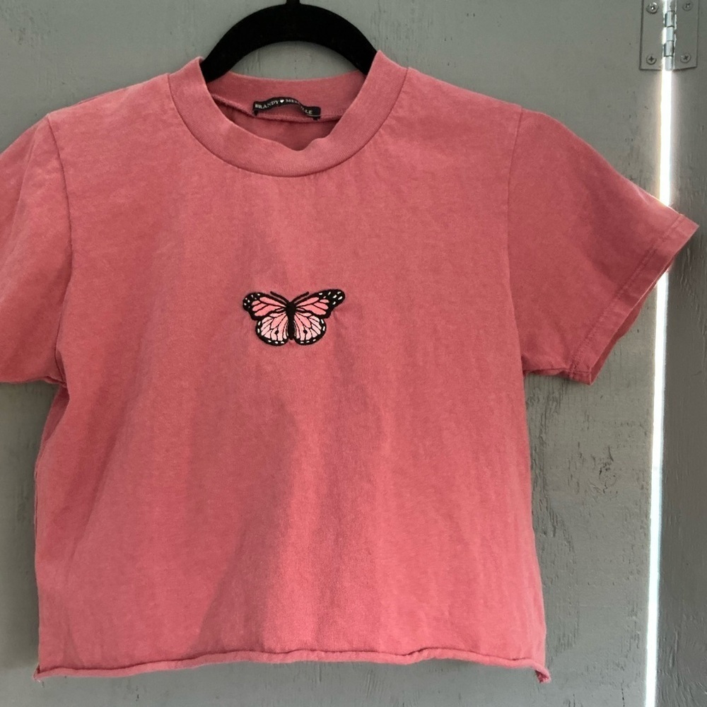 Brandy Melville Butterfly Cropped Top Shorts Sleeve Pink Size Small Teen Size - Picture 4 of 7